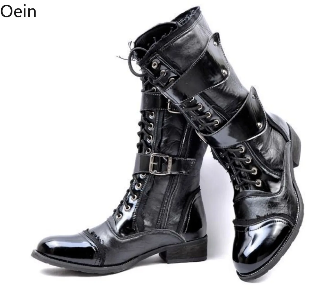 

Mens Retro Combat Patent Leather Lace Up Buckle Motorcycle PUNK Boots