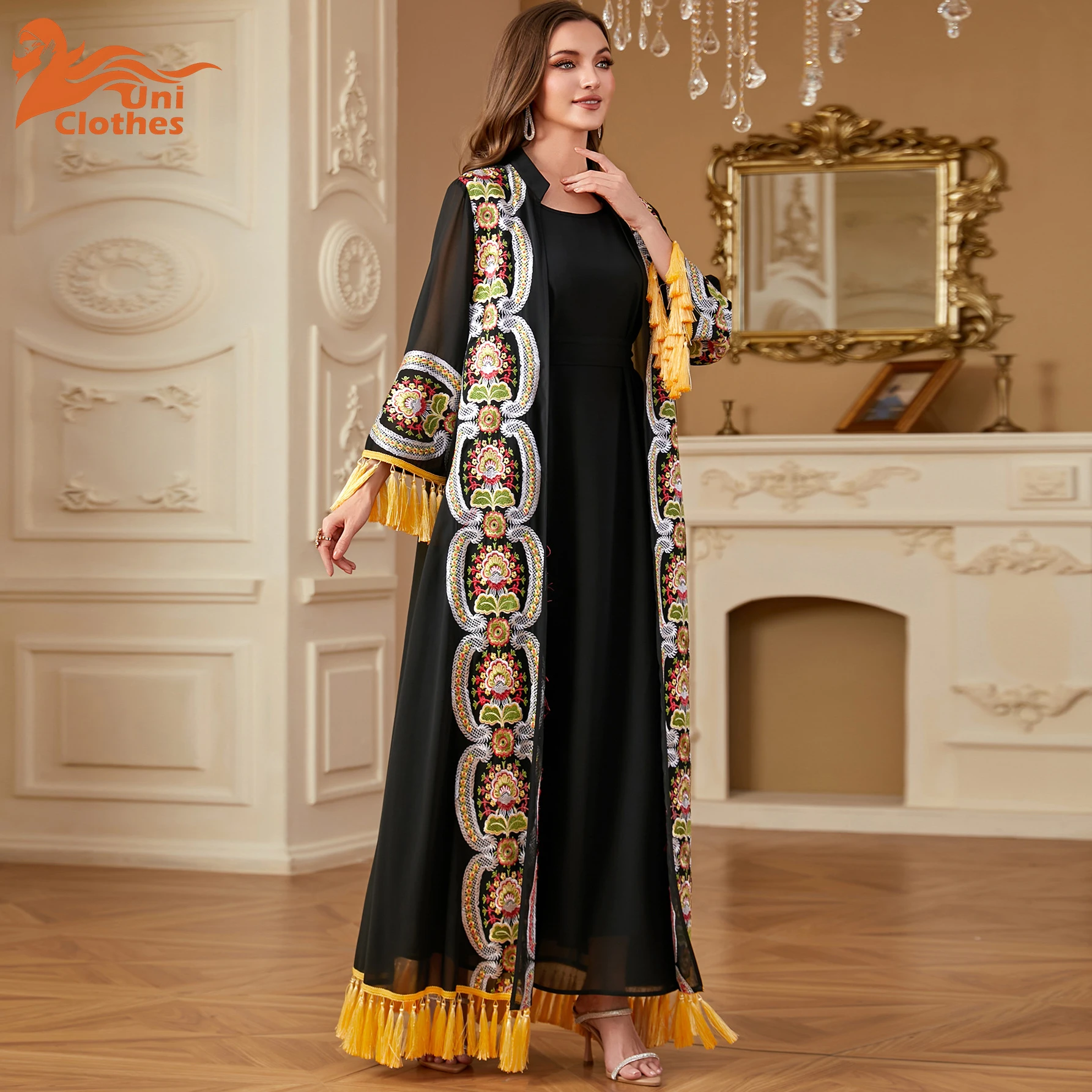 

UNI Ближневосточный открытый комплект из двух предметов Абая, кардиган, вышитый халат, Дубай, шифоновое модное платье с кисточками, Джалабия