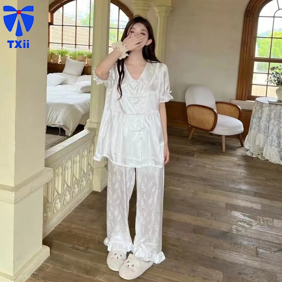 TXii Newlook Button Ice Silk Jacquard Pajamas Short-sleeved Trousers Shorts suit Summer Sweet Home Clothes for Women