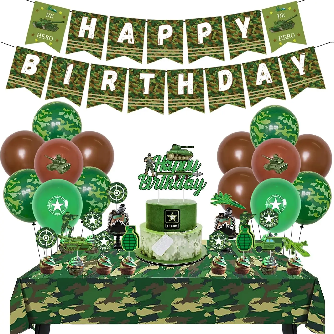 Camo Birthday Party Decorations Boys Girls Adults Camouflage Happy Birthday Banner Tablecloth Latex Balloons Cake Cupcake Topper