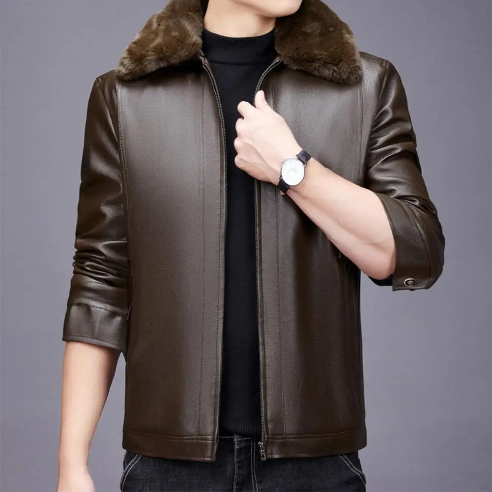 Windproof Men Jacket with Zipper Closure Stylish Men's Faux Leather Jacket with Removable Fur Collar Slim Fit Zipper Closure