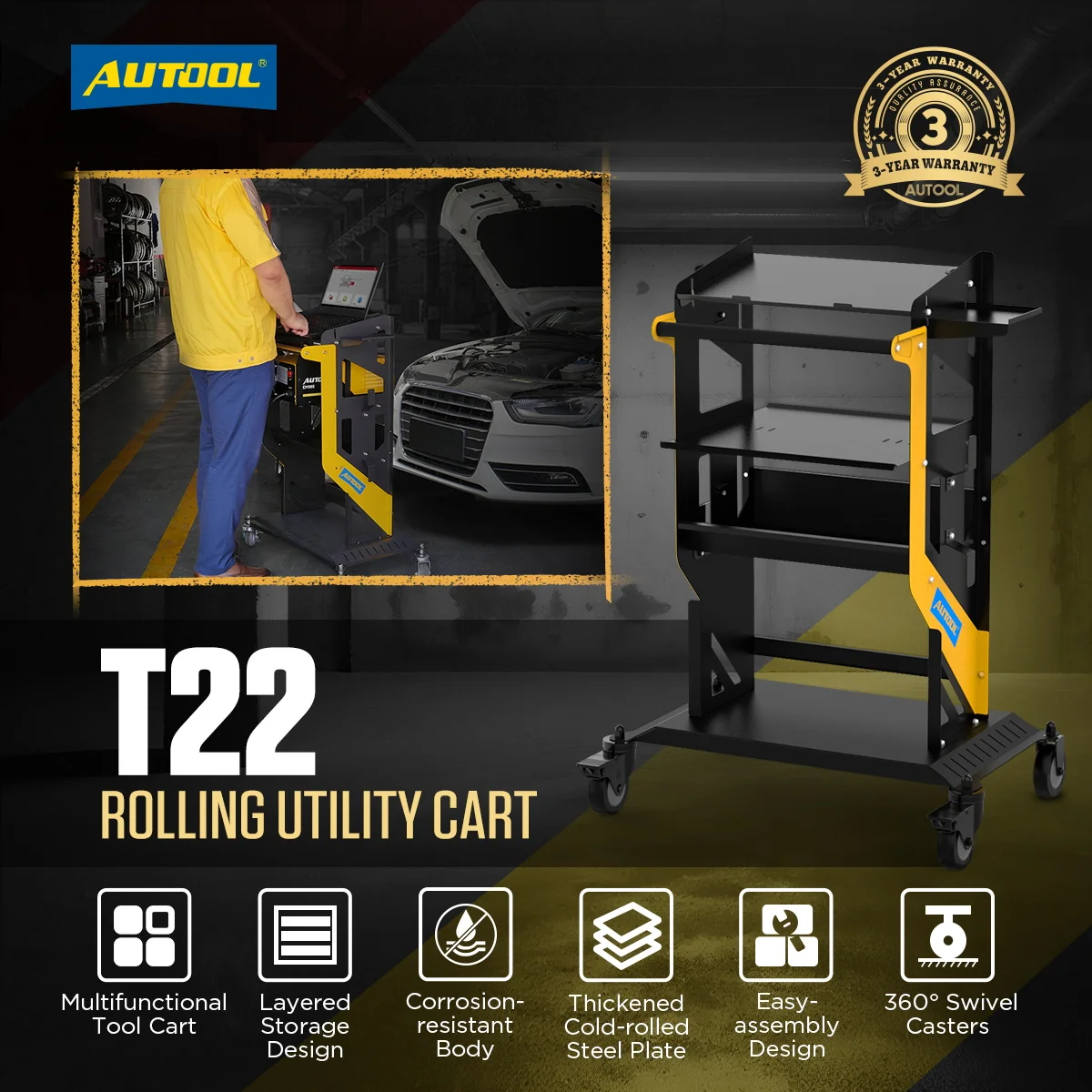 

AUTOOL T22 Cart Tiered Storage 661 LBS Capacity Heavy Duty Utility Mechanic Cart Tool 3X Tier Rolling Tool for Programming Power