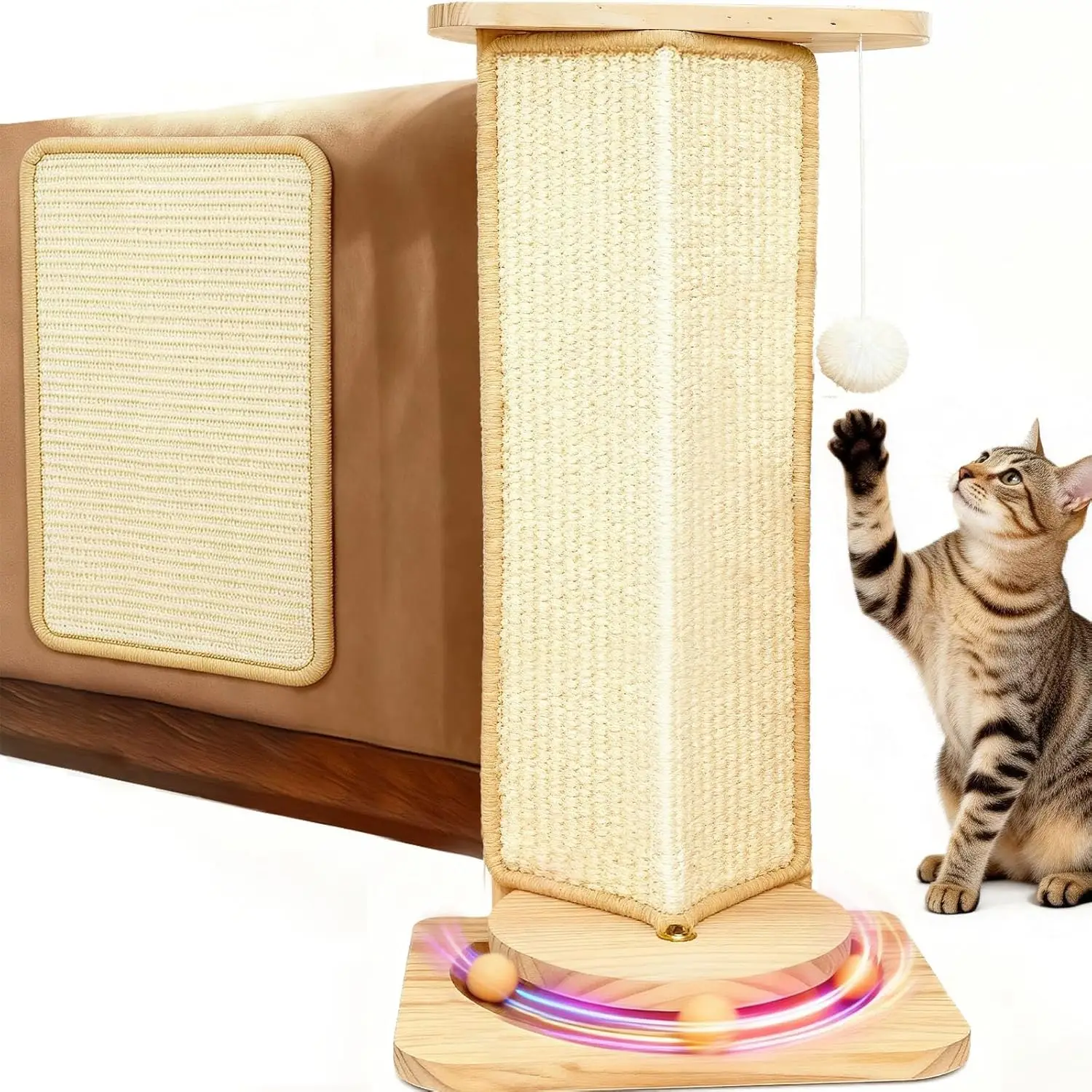 

Couch Cat Corner Scratcher with Interactive Ball Toys for Cat, Replaceable Sisal Scratch Pad, Kitten Wall Scratcher for
