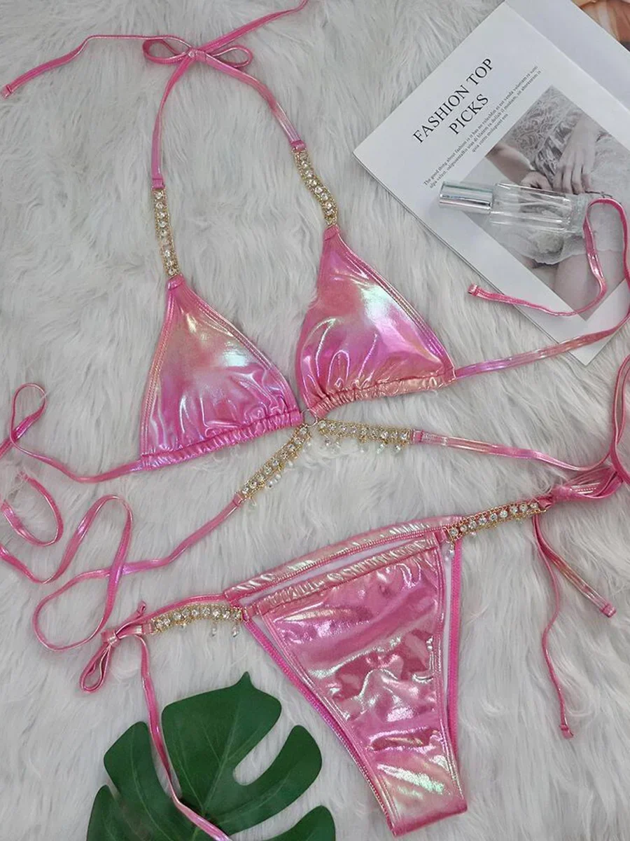 Sexy Micro PU Bikini 2025 Wrap Around Diamond Bikini Women Swimsuit Female Swimwear Two-pieces Bikini Set Pool Bathing Suit Swim