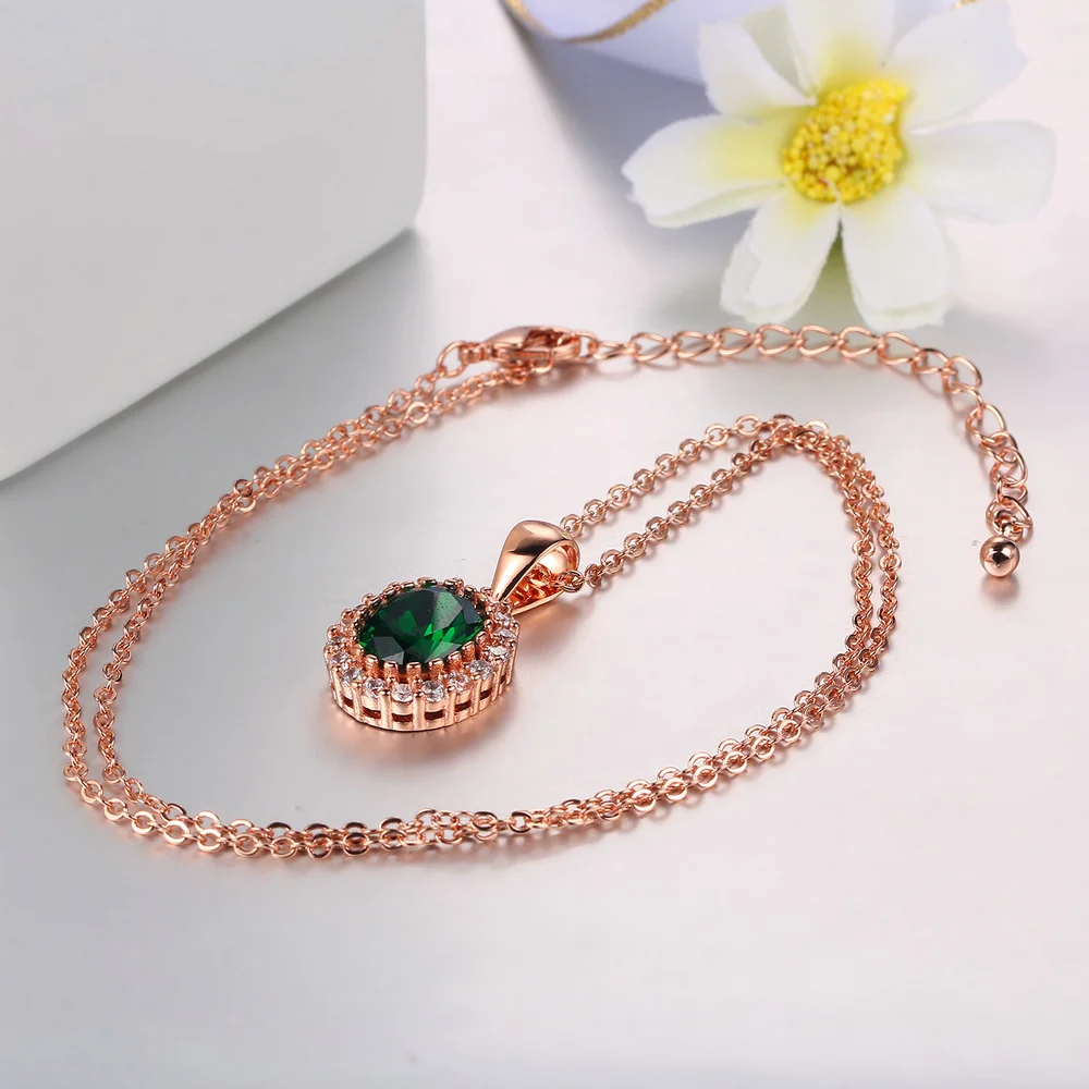 Dainty Blue Red Green Crystal Pendant Necklace for Women Ladies Vintage Rose Gold Color Chain Choker on Neck Wedding Jewelry