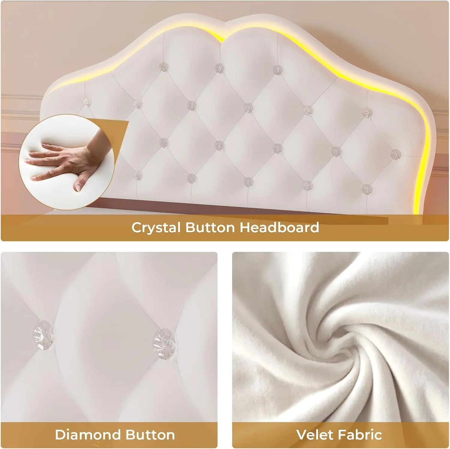 Twin Bed Frame with LED Lights, Princess Bed Frame with Adjustable Crystal Button Headboard, Velvet Upholstered