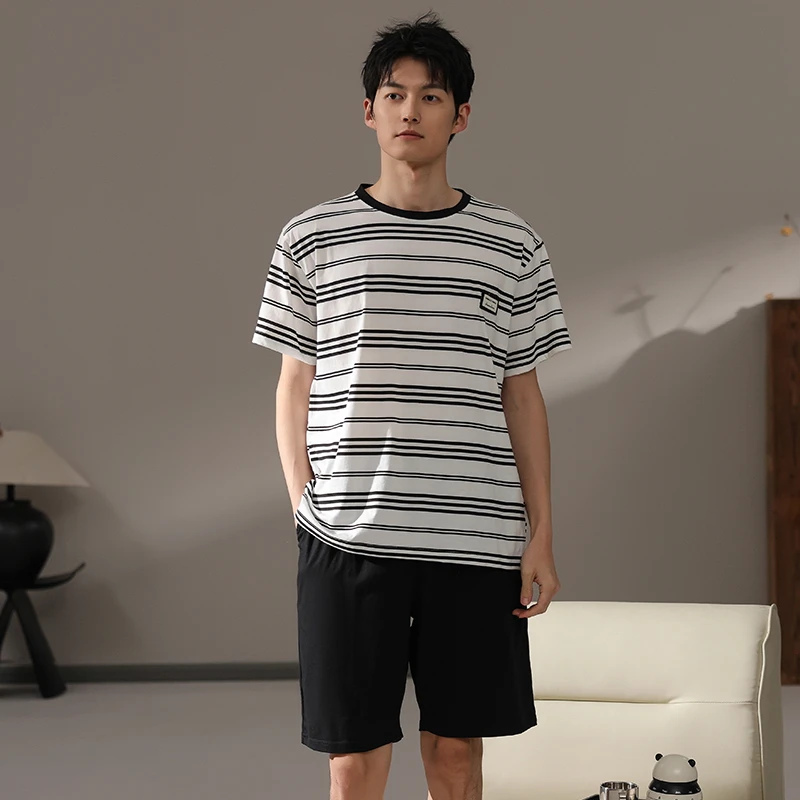 

MiiOW 2 Piece Set Pajamas for Men 100% Cotton Summer Men's Striped Short-sleeve Shorts Sleepwear Teenager Nightwear Loungewear