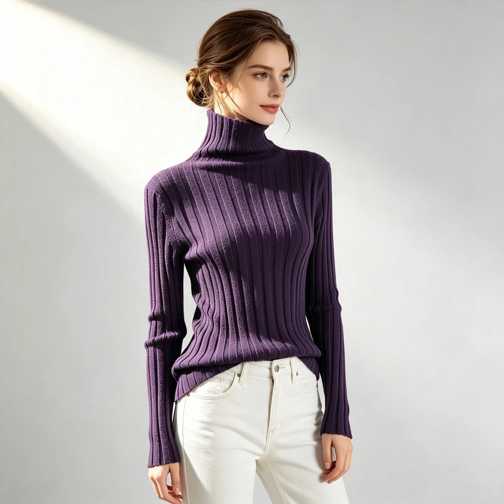 2026 Women's Casual Autumn/Winter New 70%Natural Mulberry Silk 15%Cashmere Skin Friendly Pit Striped High Neck Slimming Sweater