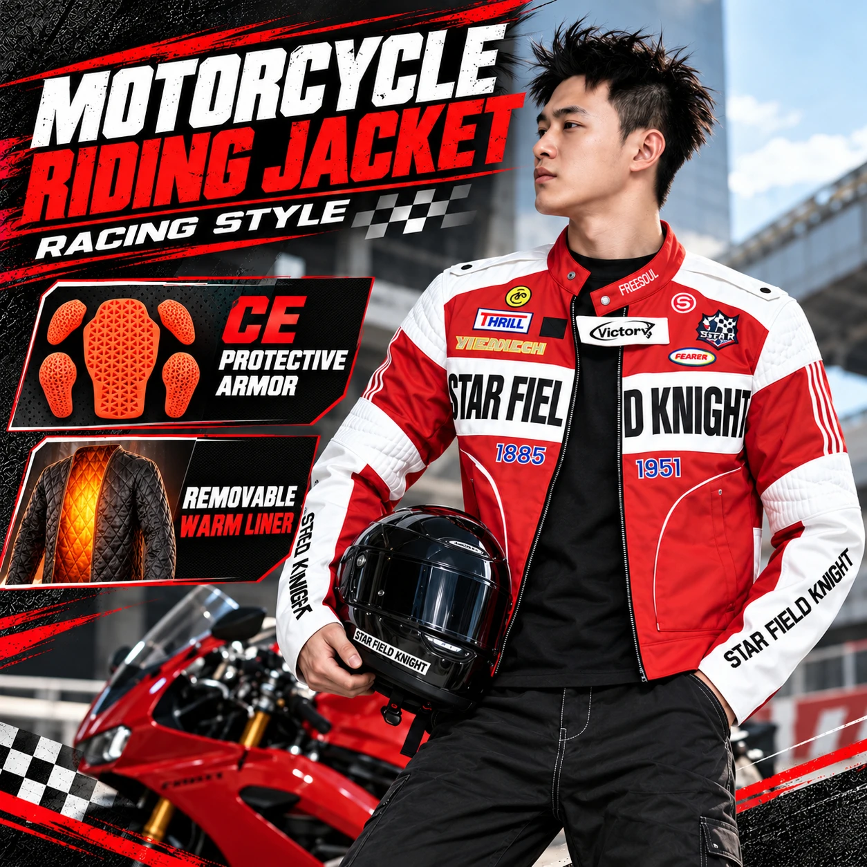 Motorcycle Riding Jacket Men’s Racing Jacket with CE Armor Removable Warm Liner PU Nylon Four Season Motorcycle Coat