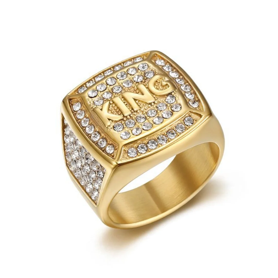 Hip Hop Iced Out Letter KING Ring 21mm Chunky Gold Color Stainless Steel Zirconia Big Large Square Rapper Rings for Man Jewelry