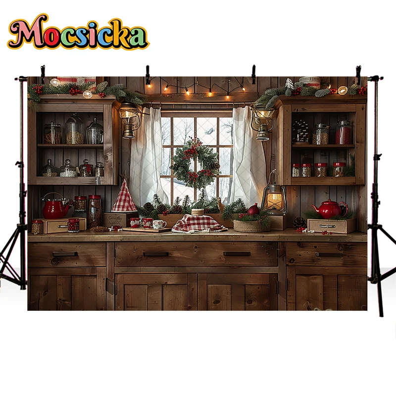 Mocsicka Christmas Kitchen Backdrops Kids Family Photography Child Adult Photocall Decors Baby Child Photo Xmas Room Backgrounds