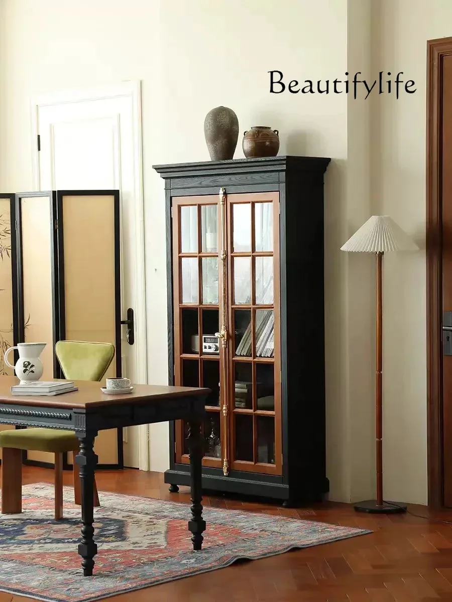 خزانة مشروبات خشبية صلبة فاخرة من LXLight خزانة عرض جانبية فرنسية عتيقة بباب مزدوج زجاجي لتناول الطعام تخزين بسيط SSS #5