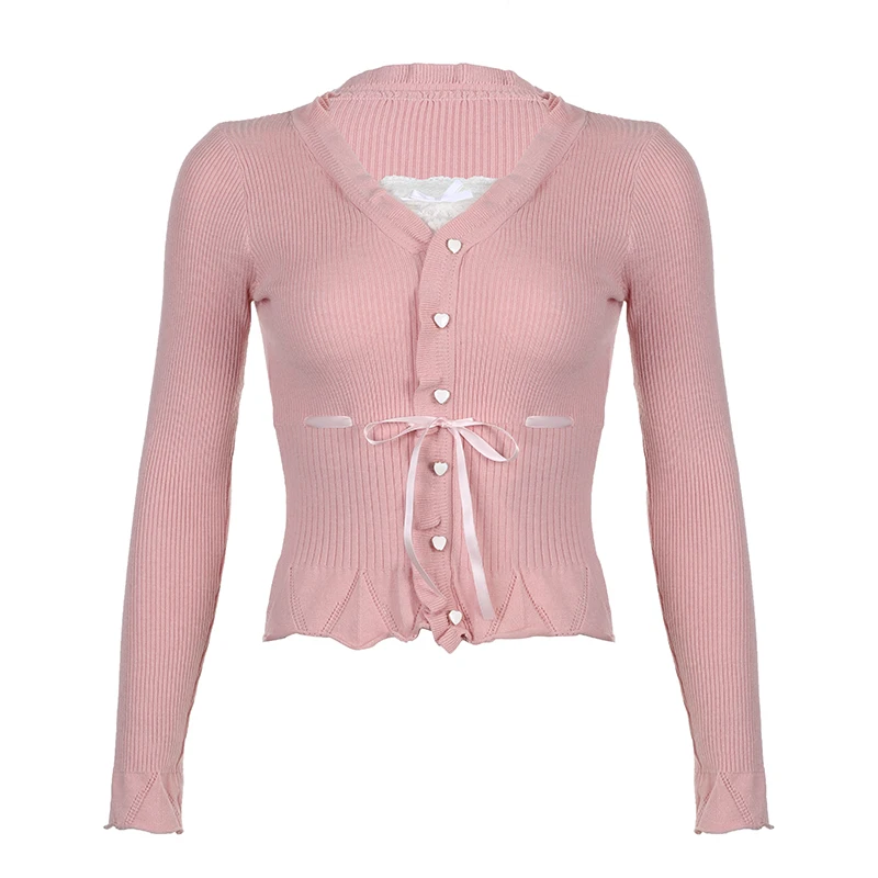 Darlingaga Sweet Coquette Pink Knitted Sweater Jumper Lace Patched Buttons Korean Knitted Pullover Autumn Cutecore Shirring New