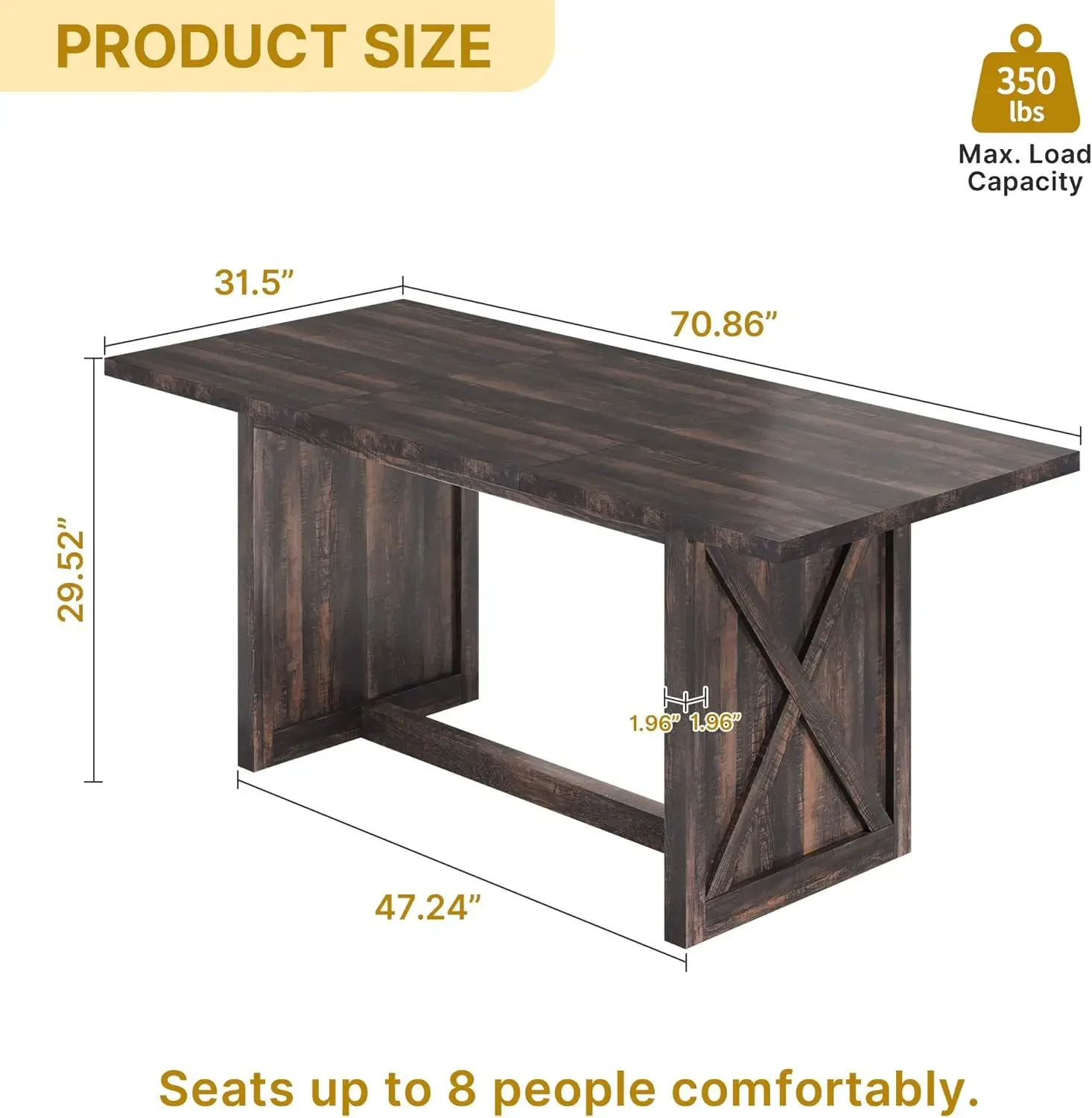 70.8" Large Farmhouse Dining Table For 6 To 8 People, Rustic Style Wood Dinner Table, Rectangular Dining Table For Kitchen|