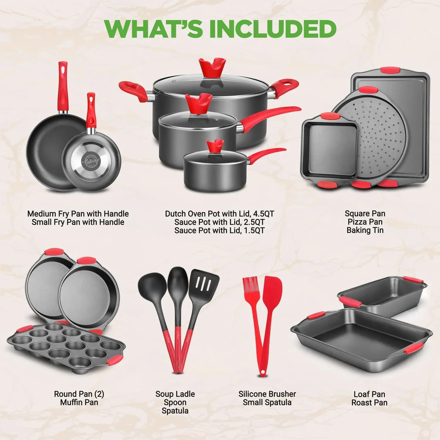 NutriChef 21-Piece Nonstick Cookware Set Includes Saucepans Skillets Round & Square Baking Pans Loaf & Muffin Pans Pizza Crisper