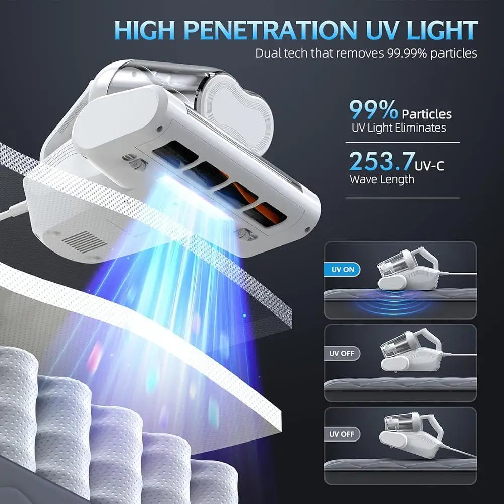 Mattress Vacuum Cleaner 16Kpa Suction 40000RPM Brushroll HEPA Filter UV-C Light Bed Cleaning Device 600W Motor Dust Removal
