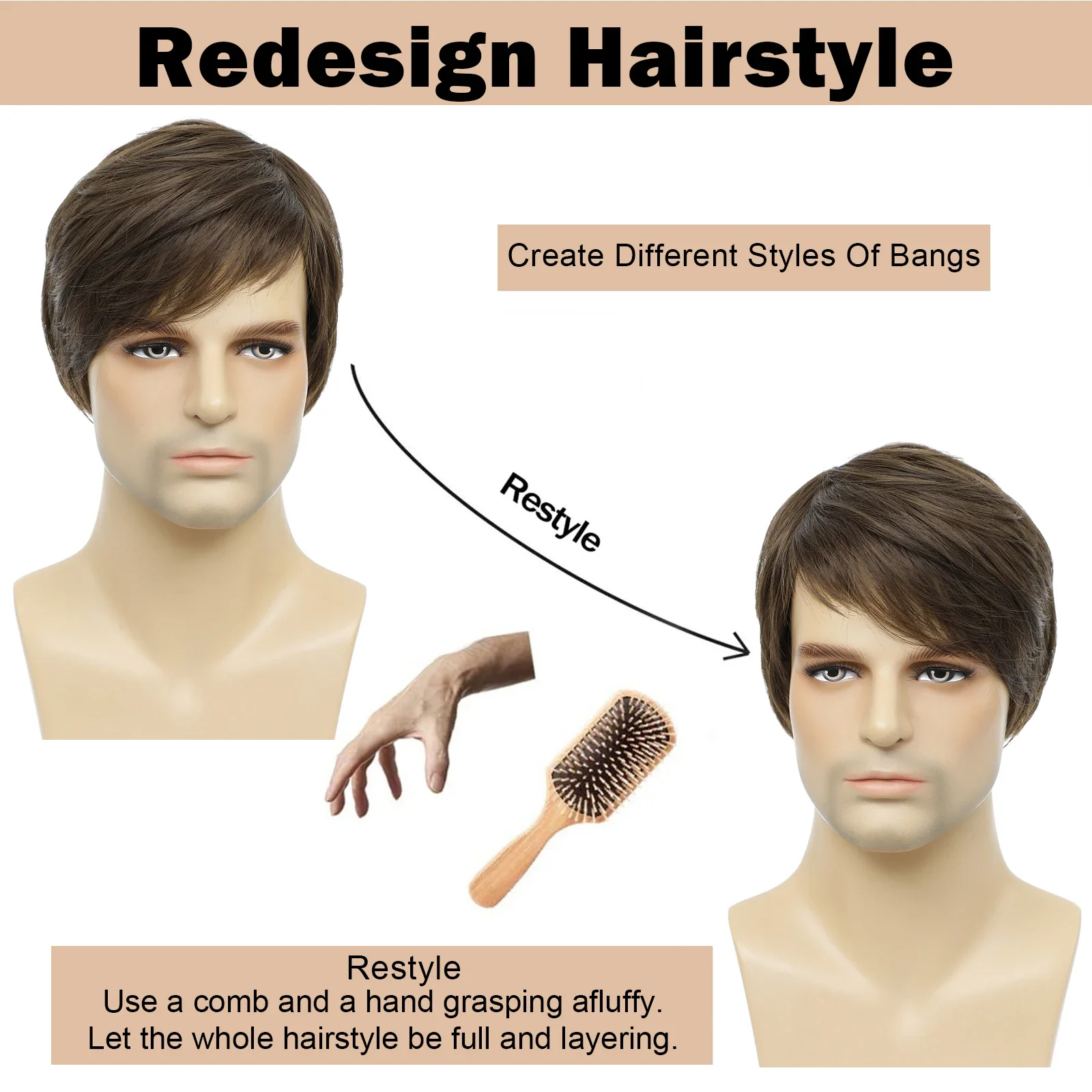 Mens Brown Straight Short Mens Realistic Natural Male Side Part Wigs for Halloween Men Man