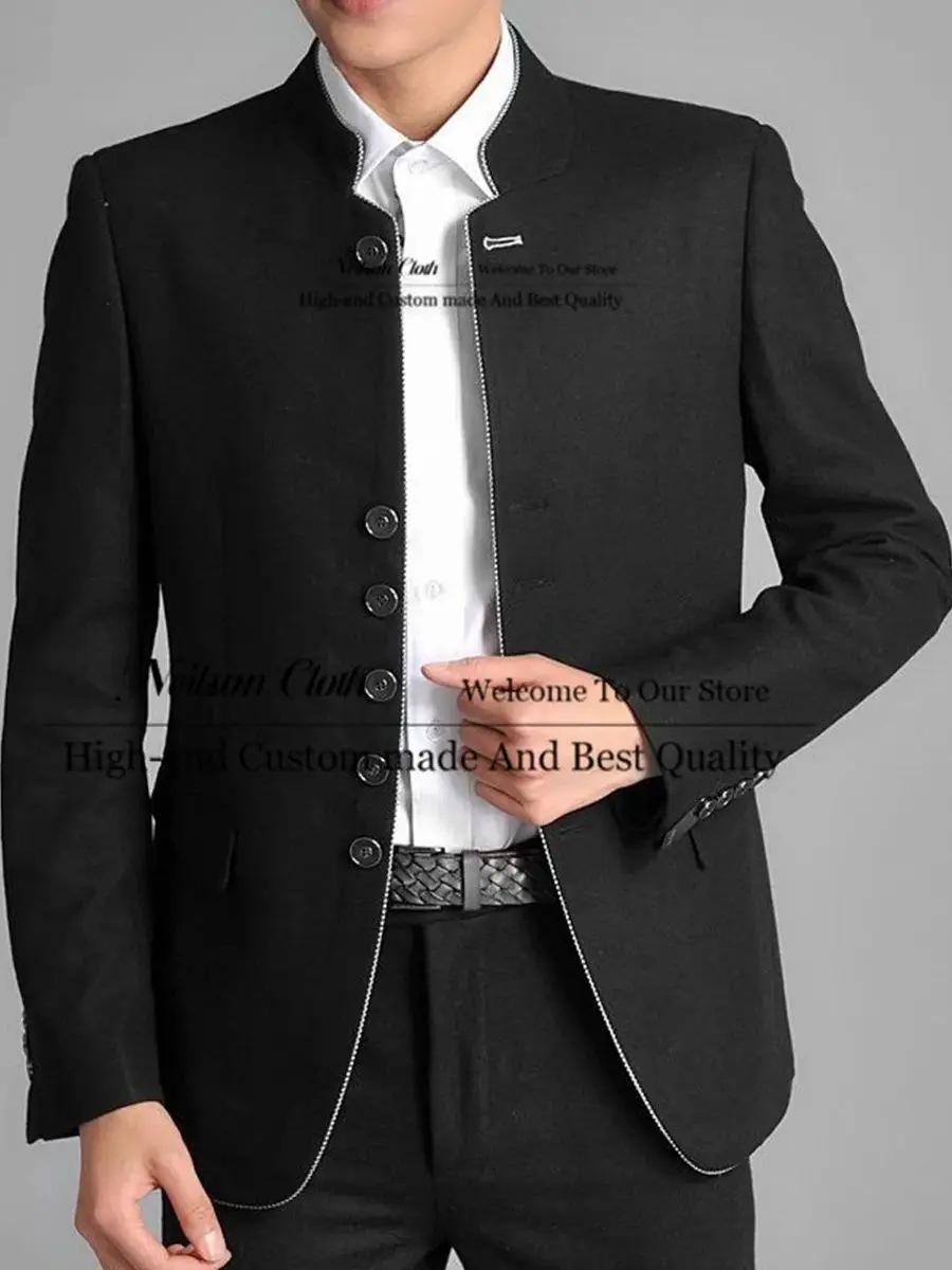 

Business Stand Collar Male Prom Blazers 2 Pcs Sets Black Groom Wedding Tuxedos For Men Slim Fit Customized Terno Masculino