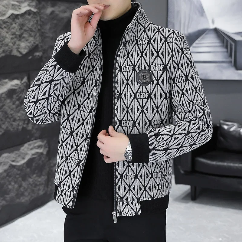 

Brand winter Jacquard Woolen Jacket for Men Fashion Standing Collar Casual Short Trench Coat Thickened Warm Streetwear Overcoat