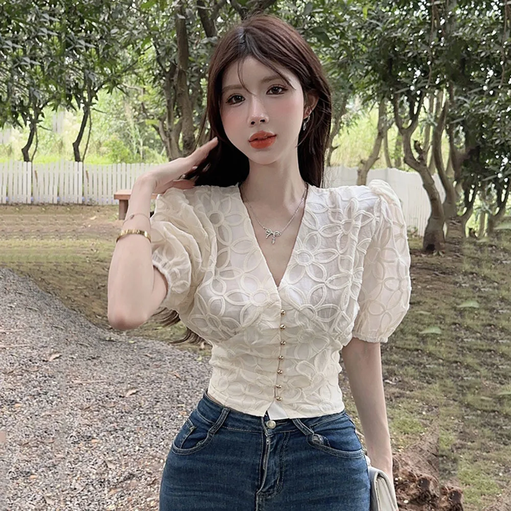 French Style Bubble Sleeves Blouses For Women Sexy V-neck Slim Shirt  Chic Tops Sweet Ladies Summer Elegant Metal Button Blusa