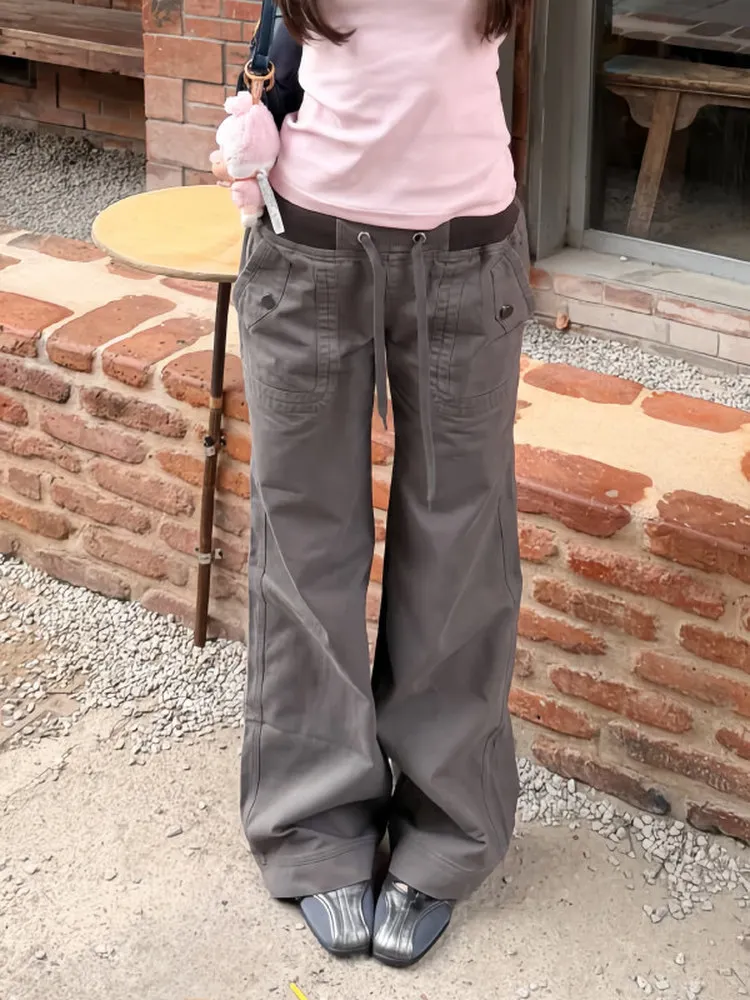 American Retro Grey Low Waist Workwear Pants Women's New Design Loose Lazy Straight Leg Micro Flared Jeans Casual Style