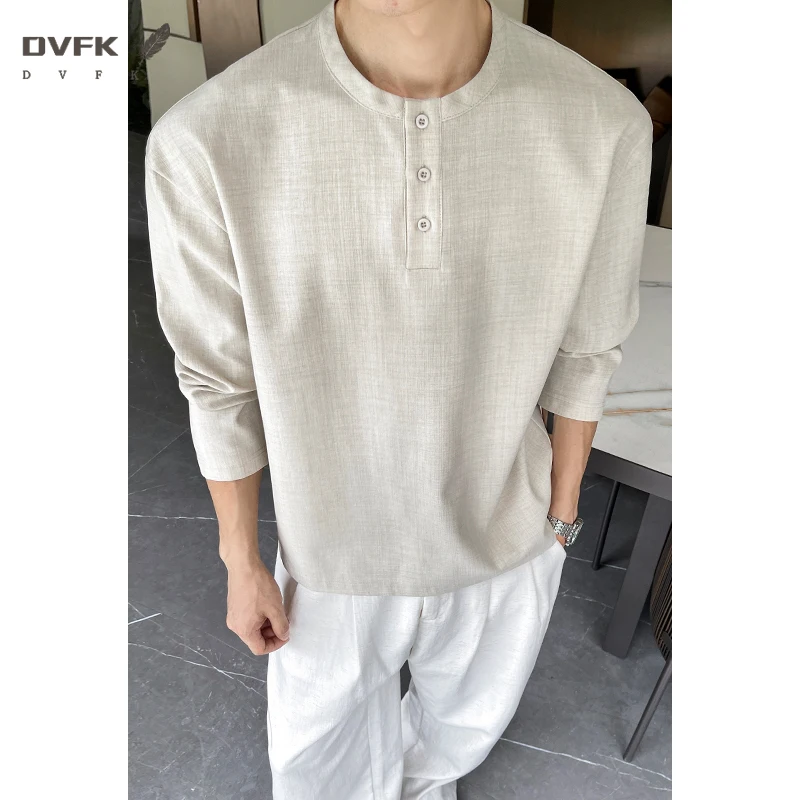 Mens Three Quarter Sleeve Henley T Shirt Linen Texture Half Button Loose Fit Lightweight Blouse - view 2