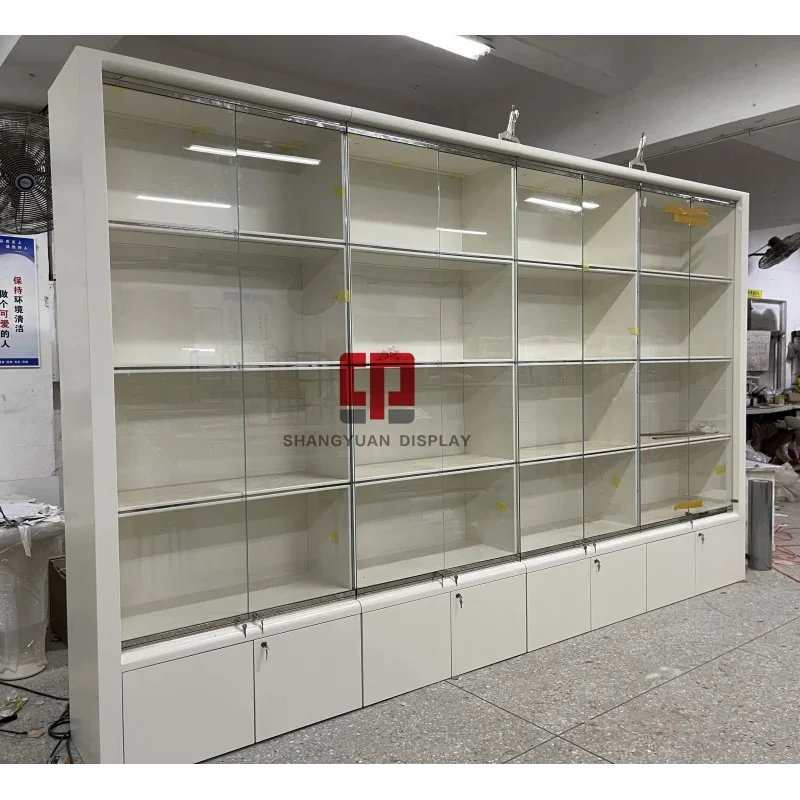 custom.High-End Customized Jewelry Showcase White Painted Tempered Glass Bag Display Cabinet Shenzhen Display Manufacturers