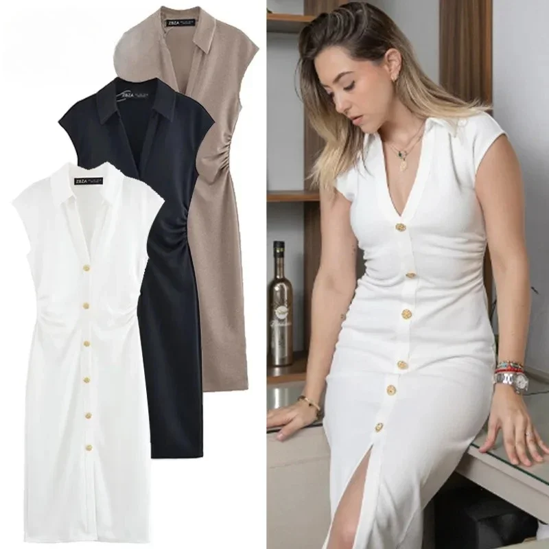 

2025 Spring Summer New Midi Ruffled Dress Women Dresses Button Up Slim Long Vestido Chic Elegant Casual Female Dress