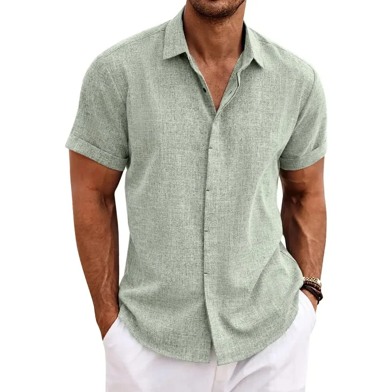 Men's Fashion Casual Solid Color Shirt Pullover Button Linen Cotton Comfortable Daily Top Short Sleeve Shirt Beach Summer Shirt