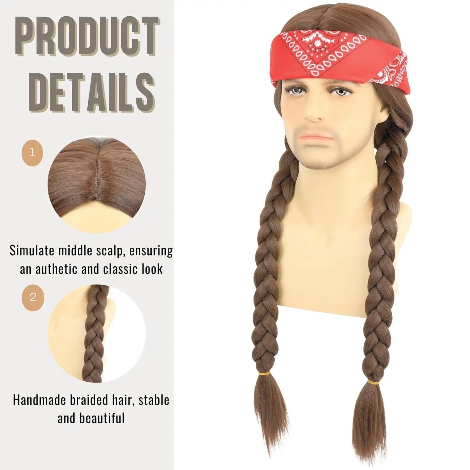 Long Brown Braided Wig with Bandana for Mens 60s Hippie Costume Halloween Party Wigs