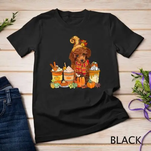 Poodle Wearing Hat With Coffee Cups Thanksgiving Pumpkins T-Shirt Unisex T-shirt