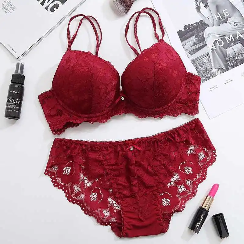 1 Set Elegant Lace Embroidery & Breathable Fabric Lingerie Set: Push-Up Bra, Drop Waist Sheer Panty - Ultimate Valentine's Day