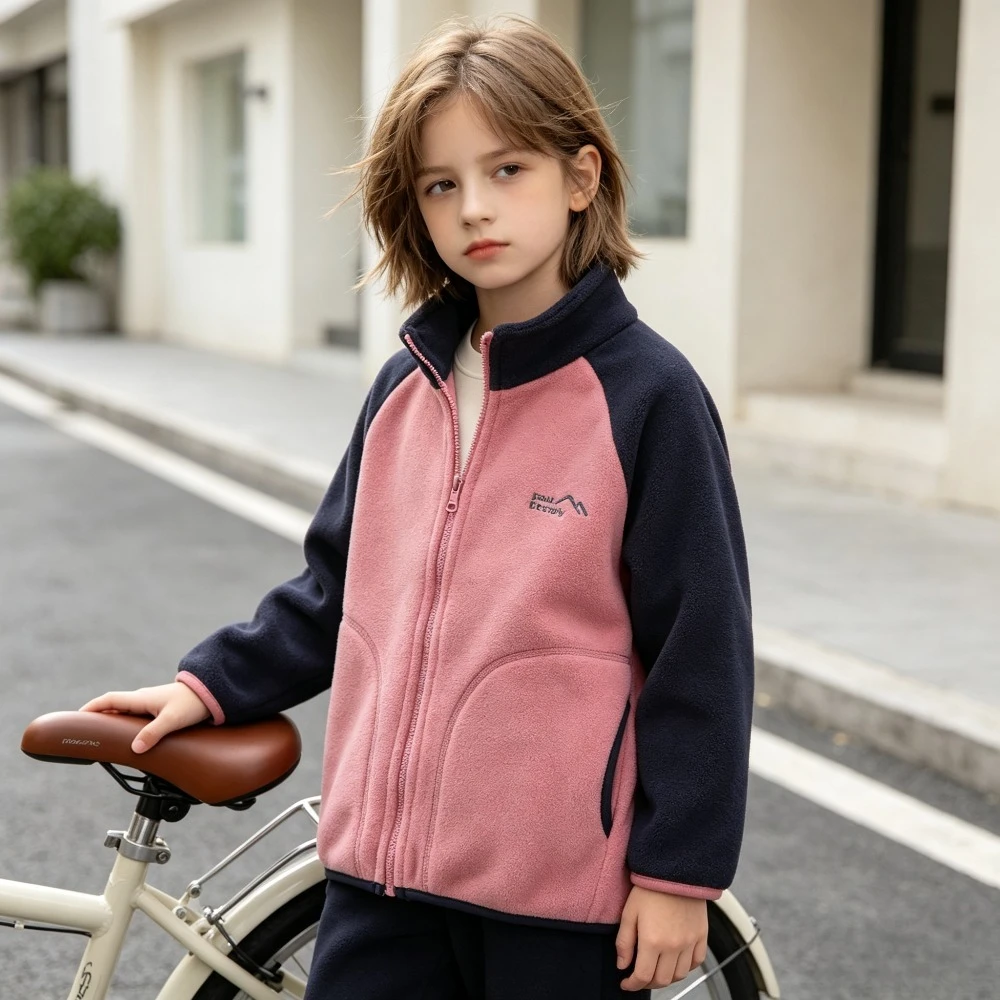 Kids Antibacterial Fleece Jacket Far-Infrared Warm Coat Color-block Stand Collar Zip Up Outerwear Boys Girls School Daily Wear