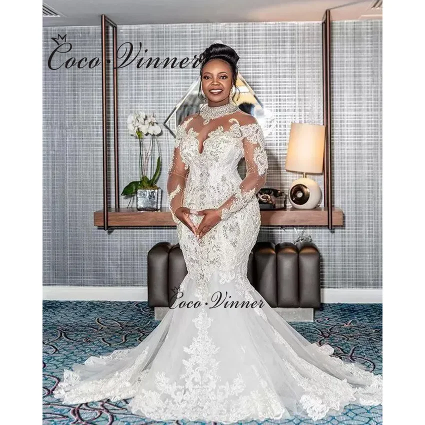 

Customized High Neck Full Sleeves Africa Mermaid Wedding Dresses Exquisite Crystal Beaded Lace Luxury Wedding Dress Ladies W1456