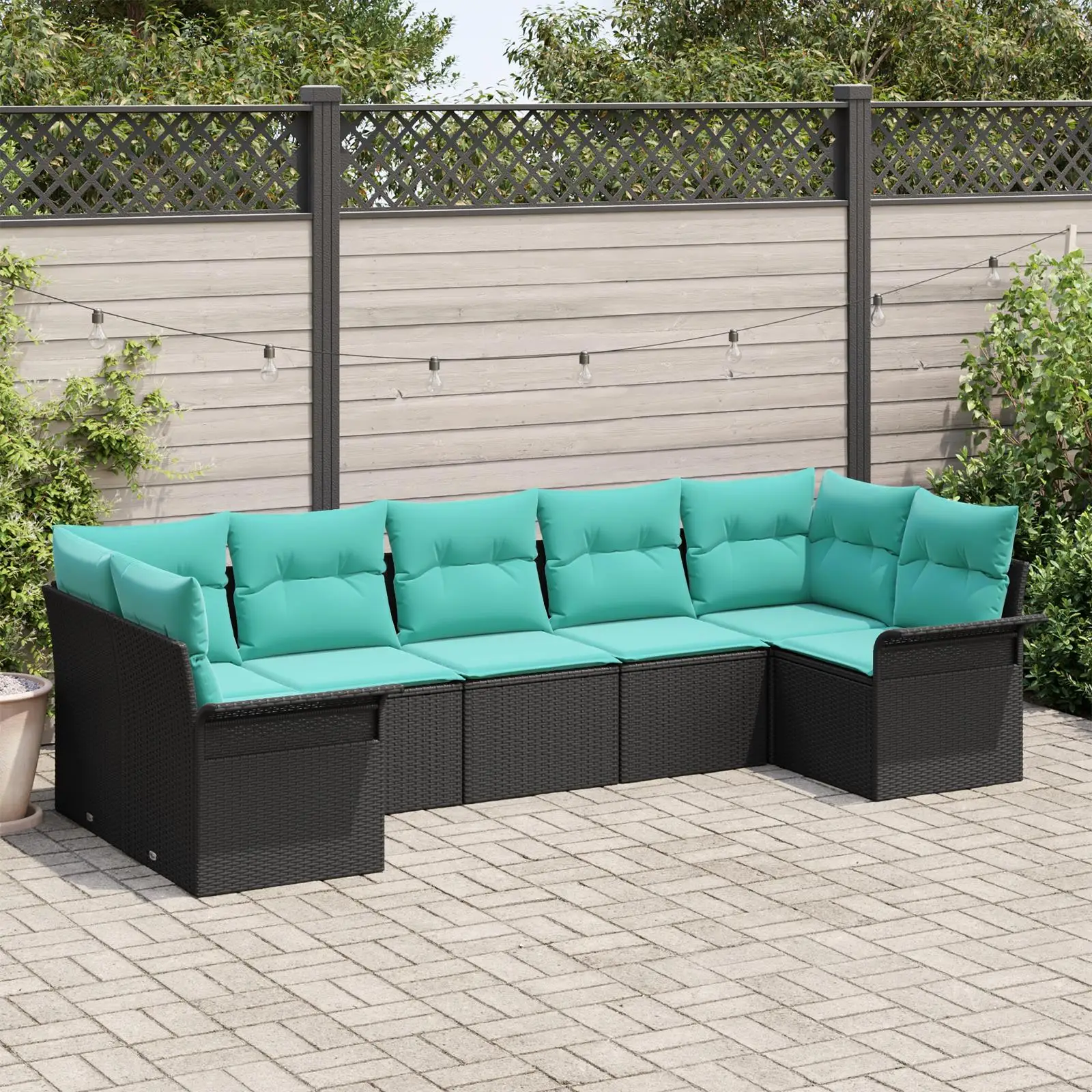 

7 Piece Black Poly Rattan Garden Sofa Set with Cushions for Outdoor Patio Lounge Furniture