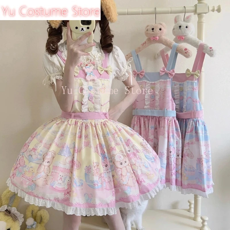 

Sweet Lolita Jsk Dress Women Kawaii Bow Cartoon Bear Print Sleeveless Strap Dresses Girls Cute Y2k Lace Ruffles Party Mini 2025