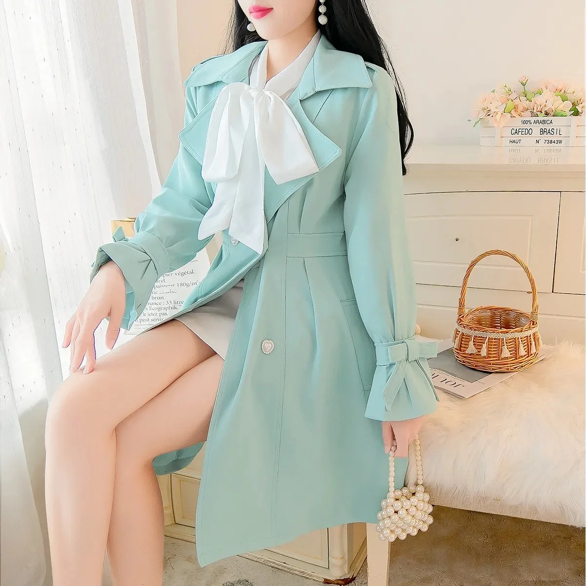 여성용 트렌치 코트 미니어처 블랙 그레이 여성 상의 겨울 코트 의류 여성용 우아한 가을 2025 사이즈