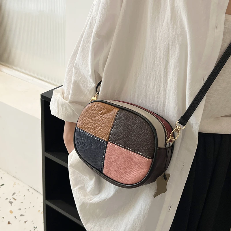 Women Bag Color Random Bag Head Layer Cowhide New Color Contrast Small Square Bag Soft Leather Shoulder Bag Casual Crossbody Bag