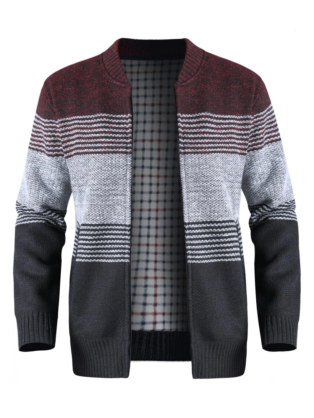 Color Block Warm Zip Up Jacket Sweater, Men\'s Casual Stand Collar Mid Stretch Cardigan For Fall Winter