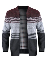 Jaqueta de fecho quente de bloco colorido masculina, suéter casual, gola alta, cardigã de estiramento médio, outono, inverno