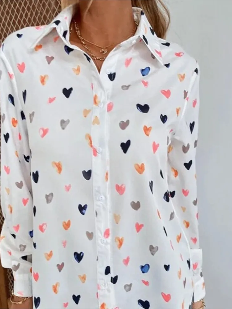 여성을위한 여름 여성의 유행 인쇄 긴 소매 셔츠 나비 인쇄 옷깃 셔츠