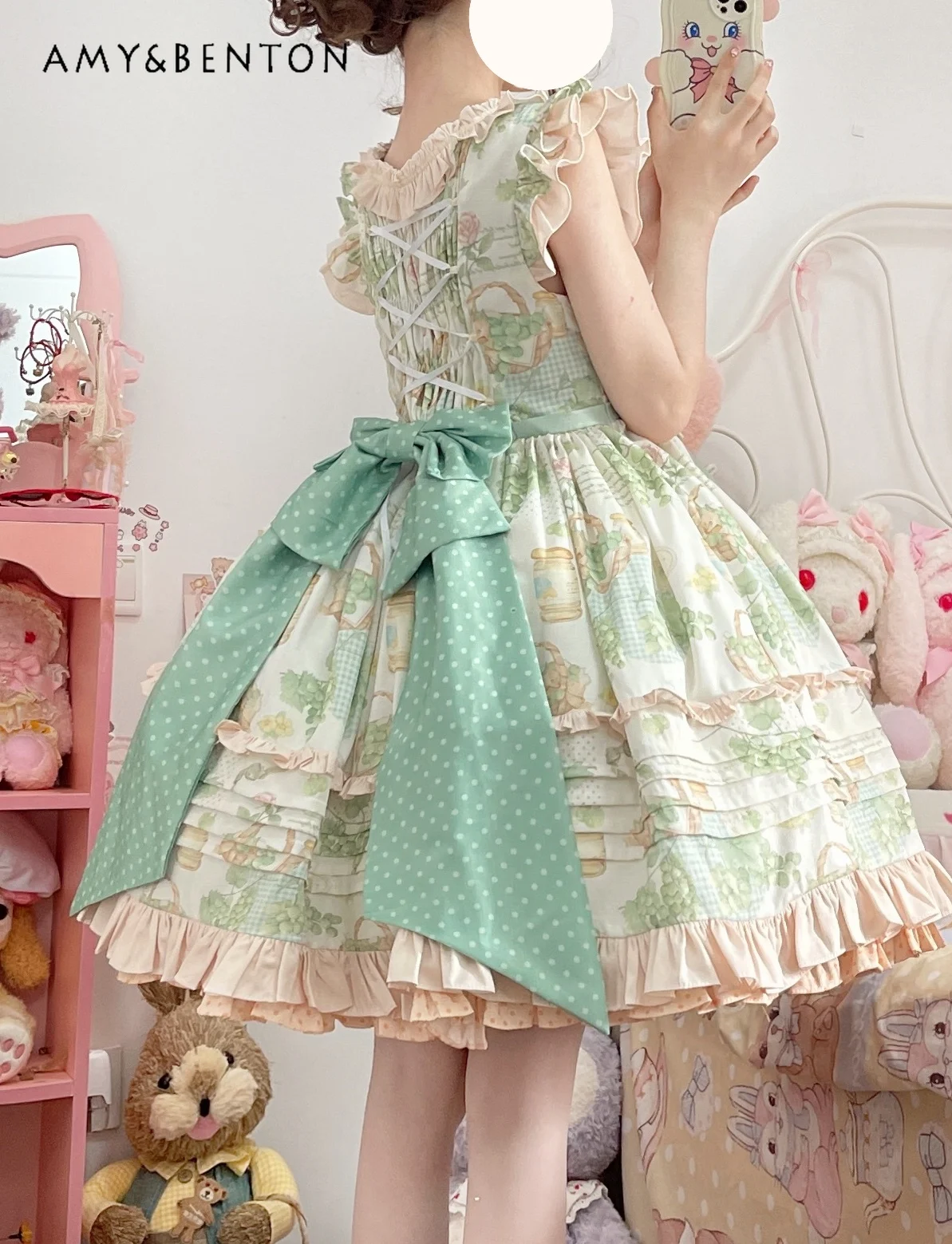 Pastoral Lolita Dress for Women Daily Summer Sweet Cartoon Print Bow Ruffle Edge Sleeveless Ball Gown Dresses Kawaii Mini Dress