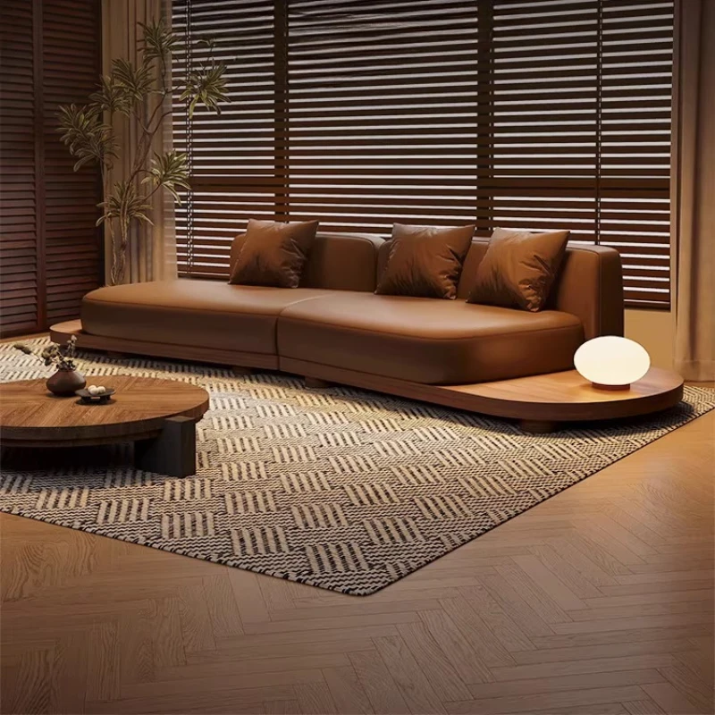 

Medieval wabi-sabi wind solid wood leather sofa living room light luxury homestay meeting room reception special-shaped