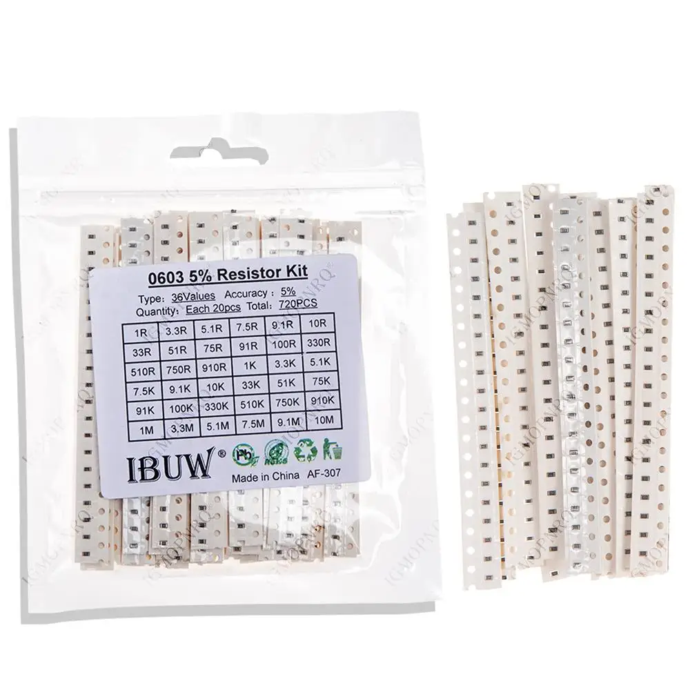 36values each 20pcs=720pcs 0603 1ohm-10Mohm SMD Resistor Kit Assorted Kit 1% component diy 1R 3.3R 5.1R 100R 1K 10K 100K 10M