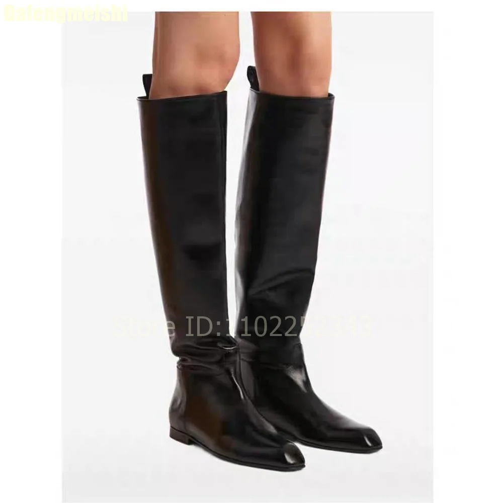Black Leather Knee High Boots Women Fashion Square Toe Flat Heel Knight Boots Comfortable Slip-On Casual Footwear Plus Size35-43 image 3