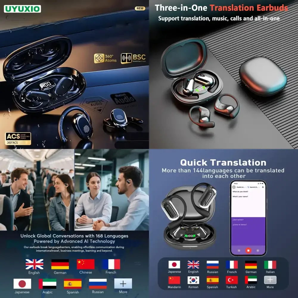 Auriculares de Traducción de Idiomas con IA OWS para Viajes de Negocios, Auriculares Traductores en Tiempo Real con 144 Idiomas en Línea, 3 en 1