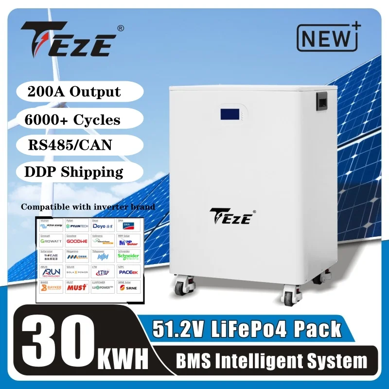 TEZE 30KWH 51.2V Powerwall LiFePO4 Battery 51.2V 16S 600Ah With RS485 CAN Built-in BMS 10KW Output Home Energy Storage System