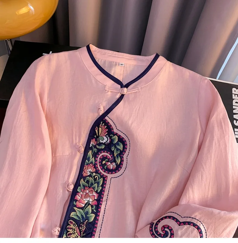 Embroidery Chinese Style Blouses Summer Vintage Women's Shirt Loose Cotton Linen Women Tops Short Sleeves Clothing 2024 Korean