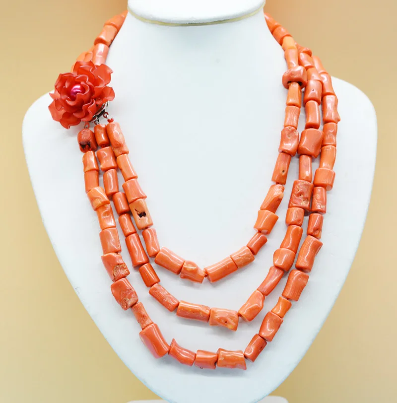 Exquisite! Natural orange 3-row coral necklace. Classic bridal wedding necklace