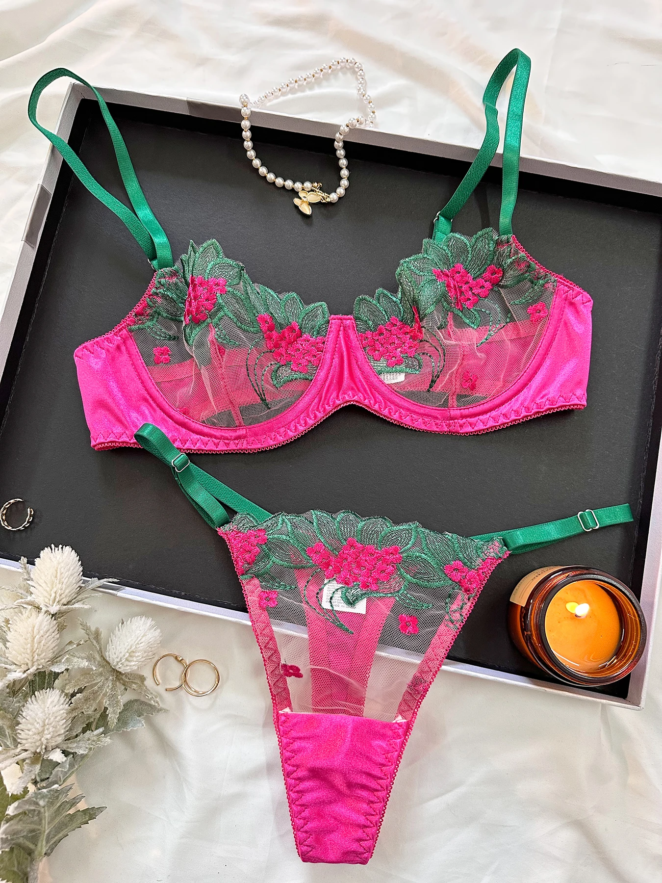 Ellace Fancy Lingerie Bloemen Kanten Bh Set Bilizna Luxe Goed Uitziende Ondergoed Sexy Erotische Fee Fijne Kant Exotische Sets